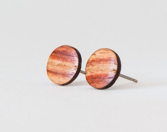 Tulipwood studs, wood earrings, wooden stud earrings, wood studs for women, flat studs, unique studs, striped studs, Valentines Day Gift