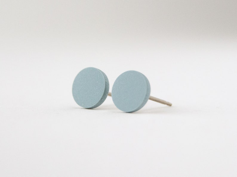 Gray-Blue stud earrings, Limited Edition Color, matte studs, unisex earrings, flat round studs, 3 sizes, tiny posts, Stormy Skies image 4