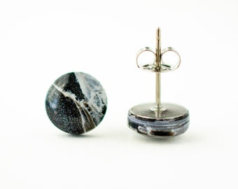 Black and white faux quartz stud earrings, glossy fake stone posts, marble-like studs, 3 sizes available