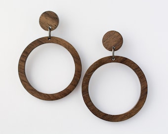 Walnut Wood Hoop Earrings, Big Hoops, Boho Earrings, Stud Hoop Earrings, Lightweight Hoops, Statement Earrings, Unique Wood Earrings 3 Sizes