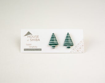 Christmas tree stud earrings, green minimalist tree posts, 3 patterns to choose from, subtle holiday jewelry, minimalist Christmas studs