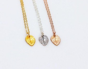Tiny Leaf Necklace, Minimalist Jewelry, Layering, Rose Gold Necklace, Silver Delicate Thin Chain, Gold Charm Necklace