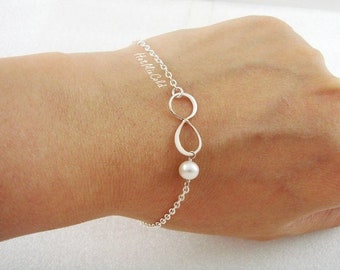 Infinity Pearl Bracelet, Custom Birthstone Bracelet, Silver or Gold Pearl Jewelry, Bridesmaids Bracelet, Best Friend, Mother Sister Jewelry