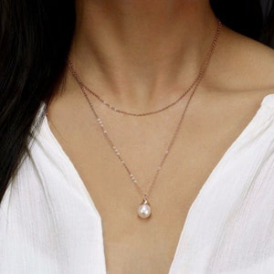 Delicate Layering Necklace, Gold Gemstone Necklace, Double Strand Layered Necklace Set, Single Pearl Necklace, Bridesmaid Gift
