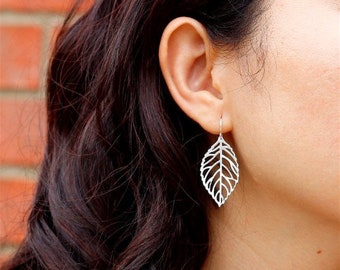 Small Leaf Earrings / Dainty Dangle Leaf Jewelry / Gold or Silver