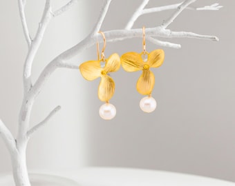 Dainty Orchid and Freshwater Pearl Earrings, Silver or Gold Orchid Earrings, Simple Bridesmaid Gift Earrings, Wedding Gift Idea Jewelry