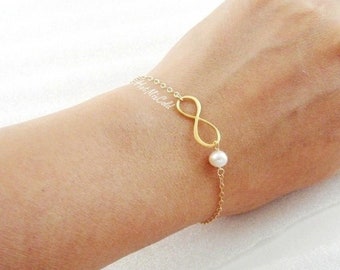 Infinity and Pearl Bracelet, Personalized Birthstone Bracelet, Gold or Silver or Rose Gold Infinity Jewelry / Bridesmaids Bracelet