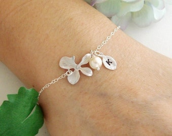 Orchid and Monogram Leaf Charm Silver Bracelet - Gold Initial and Pearl Jewelry - Flower Girl, Bridesmaid Gifts