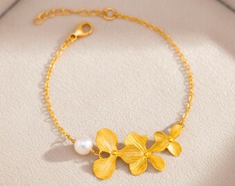 Orchid Flowers Bracelet and White Pearl, Silver or Gold Floral Bracelet, Birthday, Anniversary, Wedding Bracelet, Bridesmaid Jewelry