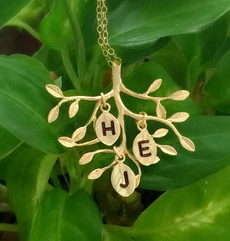Family Tree THREE Initial Necklace Silver Sister Necklace Gold Tree of Life Monogram Necklace Personalized Mother/'s Day Gift