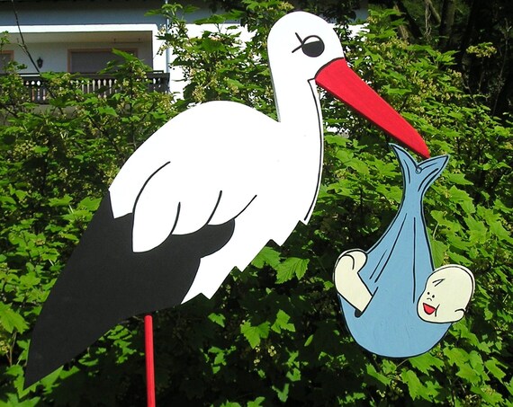 Babyparty Baby zum Karten basteln für Geburt Storch aus Holz 14 cm mit Baby