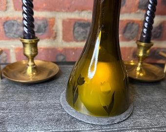 Tulip Etched Small Upcycled Wine Bottle Tabletop Lantern