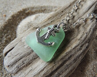 Handmade Natural Surf Tumbled Bright Aqua Sea Glass Necklace with Anchor Charm