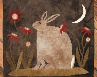 Wool Applique Pattern Primitive Hare in the Wildflowers by Kay Cloud and Fiddlestix Designs - Kit Option Available