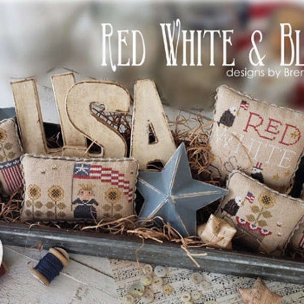Primitive Cross Stitch Pattern Red White and Bloom by Brenda Gervais