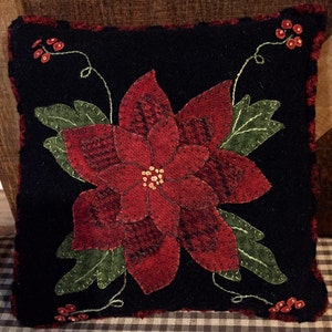 Wool Applique Pattern Little Poinsettia Pillow  designed by Cricket Street - Kit Option Available