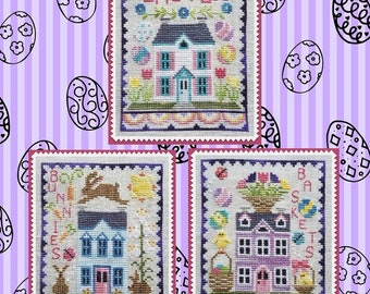 Easter House Trio PDF Downloadable Cross Stitch Pattern by Waxing Moon Designs