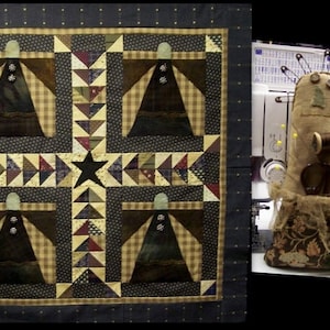 Może przedstawiać: Kołdra w patchworkowym wzorze z czterema brązowymi i beżowymi postaciami z guzikami. Kołdra jest oprawiona w czarną i białą kropkowaną ramkę. W tle znajduje się brązowa i beżowa poduszka na szpilki z twarzą i szpulką nici.