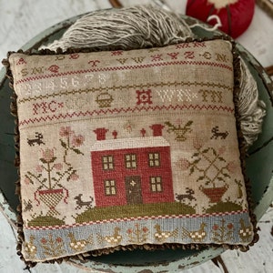 Primitive Cross Stitch Pattern Rose Cottage Sampler Pin Keep by Stacy Nash