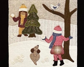 Wool Applique Pattern Snow Day 3 Block Wall Hanging Designed by Karen Yaffe - Kit Option Available