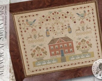 Primitive Cross Stitch Pattern Manor at Swan Lake by Brenda Gervais