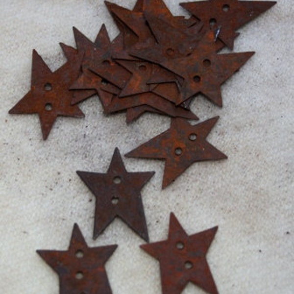 Six ORIGINAL RUSTED Tin Star Buttons - 1 inch high by 3/4 inch wide