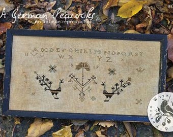 Primitive Cross Stitch Pattern PA German Peacock by Brenda Gervais