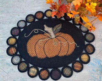 Wool Applique Oval Pumpkin Penny Mat - by The Woolen Needle