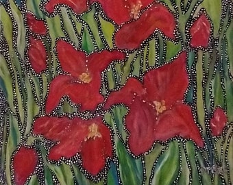 Red lilies acrylic canvas painting. 'Vibrance on the Veranda', Original-16x20"-framed, gold wood.