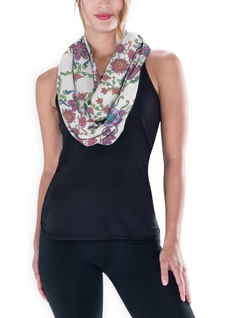 Ladies Fashion Infinity Scarf. Cotton fabric with pretty floral design, custom printed from original design by the artist. Free shipping. image 3