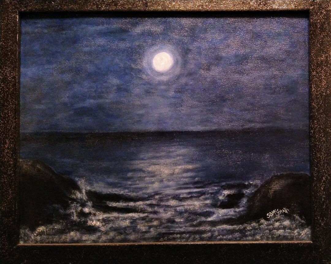 Moonlit Sea Painting: Original Framed Acrylic Ocean Art (16x20) - Etsy