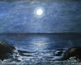 Moonlit Ocean Original Painting Wall Decor. 16x20" framed. Night sky, full moon over shoreline. Wired and ready-to-hang. Black wooden frame.