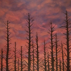 Sunset Painting-Ghost Pine Trees-Pink night sky~Original Acrylic Painting. Stretched Gallery Wrap Canvas. Wired and ready-to-hang.