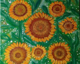 SUNFLOWERS Original Acrylic Painting by SD McGrath of Moon Art Studio. 12" square, grouping of sunflowers. Wired and ready-to-hang.