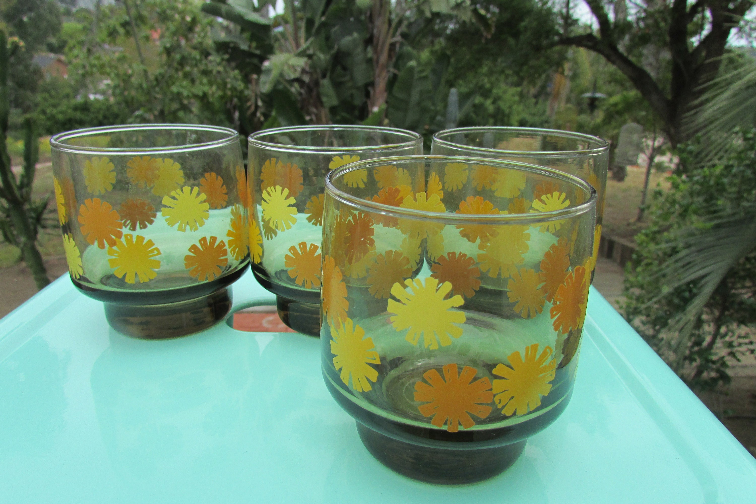 Vintage Retro Juice Glass Flower Decals Stackable Tumbler Etsy