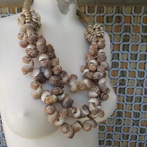 K&ouml;nnte beinhalten: Eine mehrreihige Halskette aus braunen und wei&szlig;en Muscheln. Die Halskette befindet sich auf einer wei&szlig;en Mannequin-B&uuml;ste.