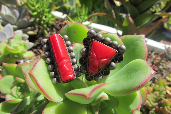 Vintage sterling silver and coral warrior face ea… - image 1