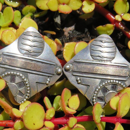 Vintage Sterling and copper Art deco style diamond shaped earrings shops Handmade designer Avant garde 925 earrings asymmetrical designer