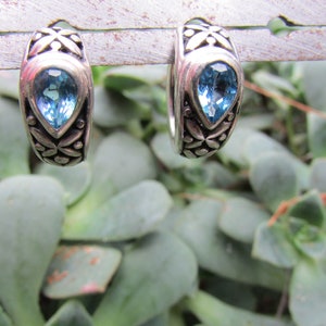 Sterling Silver Filigree Blue Topaz Hoop Earrings
