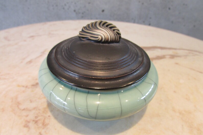 Andrew MacCorkingdale Modern Asian Raku Pottery Vessel with Lid Green Crackle Glaze Matte Black Lid signed 96 Studio Pottery Home decor