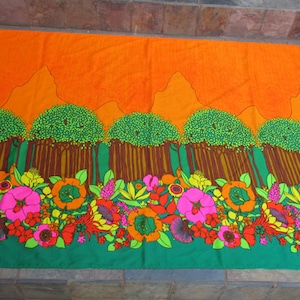 Vintage Polynesian Textile Bright colors Trees and Vivid Flowers Table cloth/ fabric