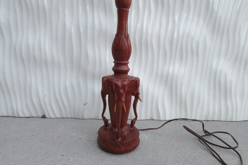 Vintage Carved Teak Wood Elephant Table Lamp 3 Elephants Boho Hippie Asian Decor