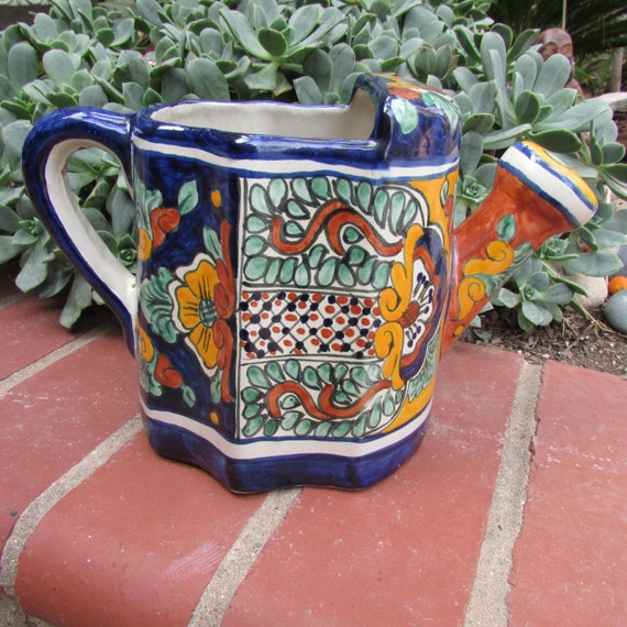 Mexican Pottery Talavera Large Watering Can Vase Handpainted Etsy