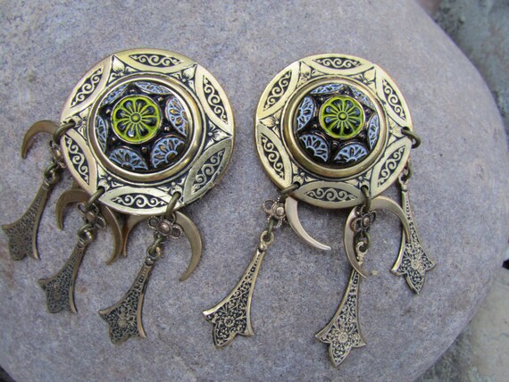 Vintage Copper Statement Dangle Earrings Crescent… - image 1