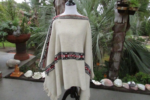 Vintage Wool Poncho Ethnic Tribal Hippie Cape One… - image 2