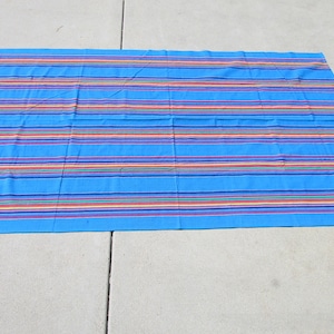 Barbara Murray 6 Foot Table cloth Handwoven in Guatemala 100% cotton Blue Multi color stripe