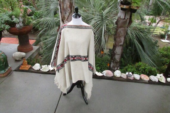 Vintage Wool Poncho Ethnic Tribal Hippie Cape One… - image 3