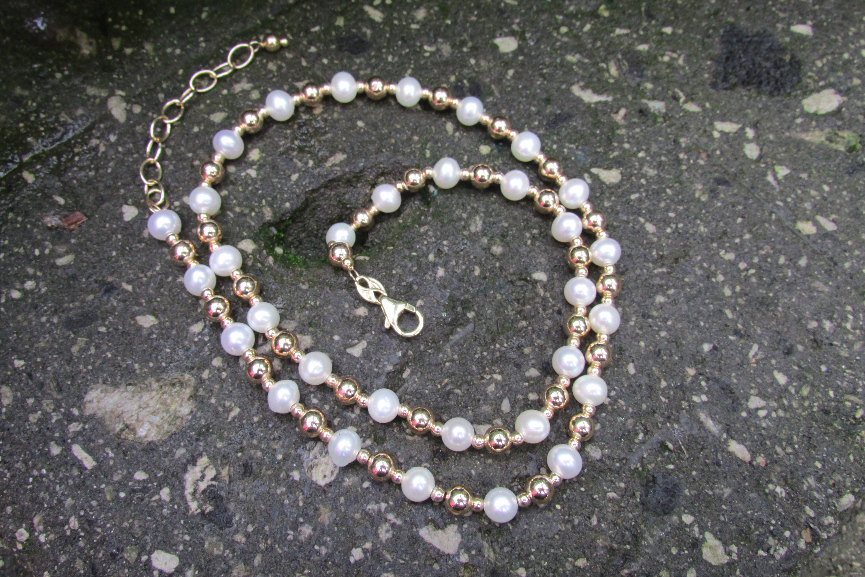 14K Gold and Pearl Necklace Marked EG 14K 20