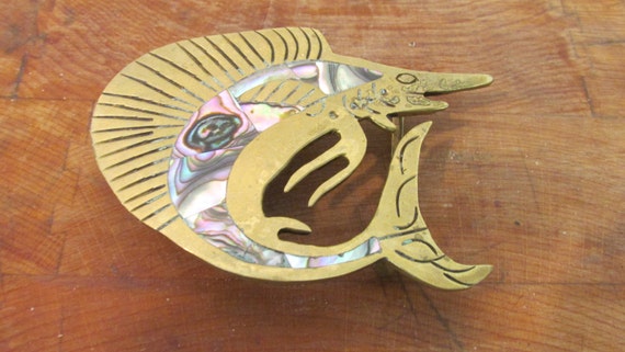 Marlin Sailfish Brass and Abalone Shell Belt Buck… - image 5