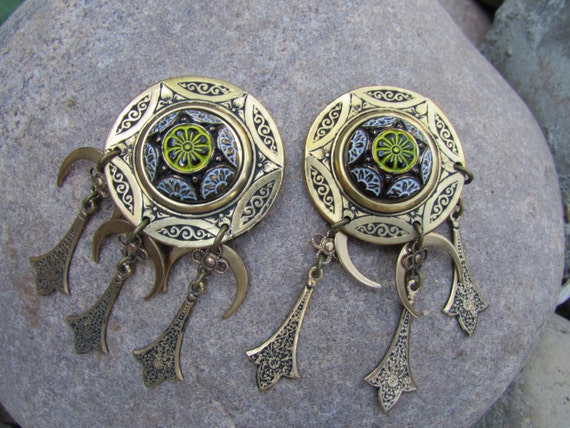 Vintage Copper Statement Dangle Earrings Crescent… - image 2